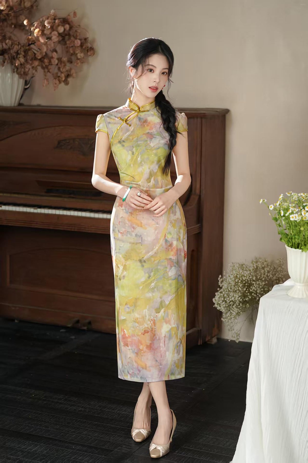 Women's Floral Qipao Cheongsam Dress – Yellow Midi Mandarin Collar – additional product view