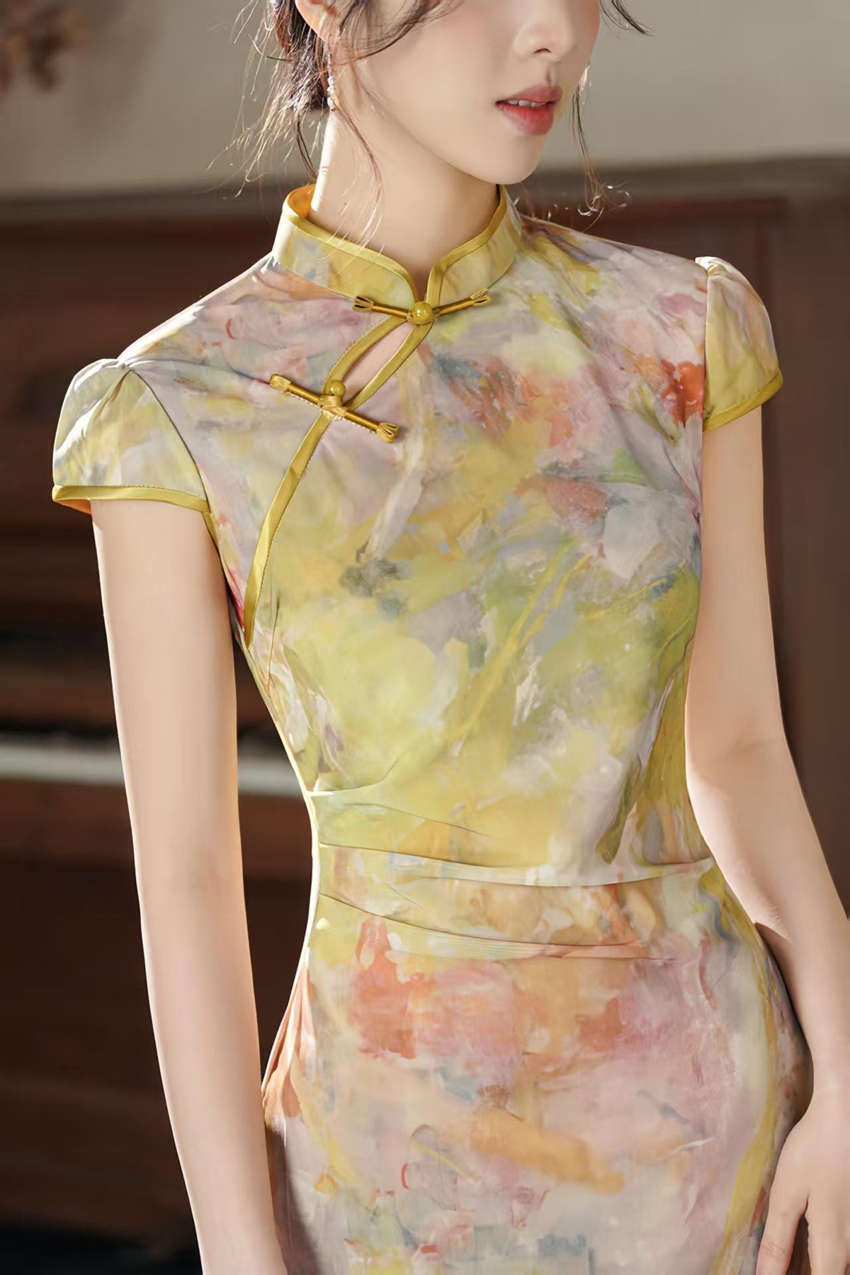 Women's Floral Qipao Cheongsam Dress – Yellow Midi Mandarin Collar – additional product view