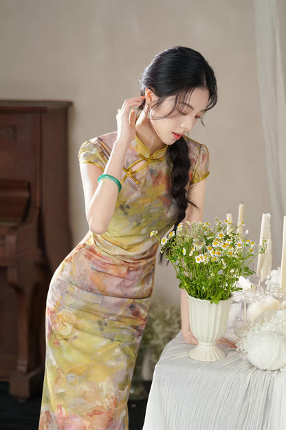 Women's Floral Qipao Cheongsam Dress – Yellow Midi Mandarin Collar