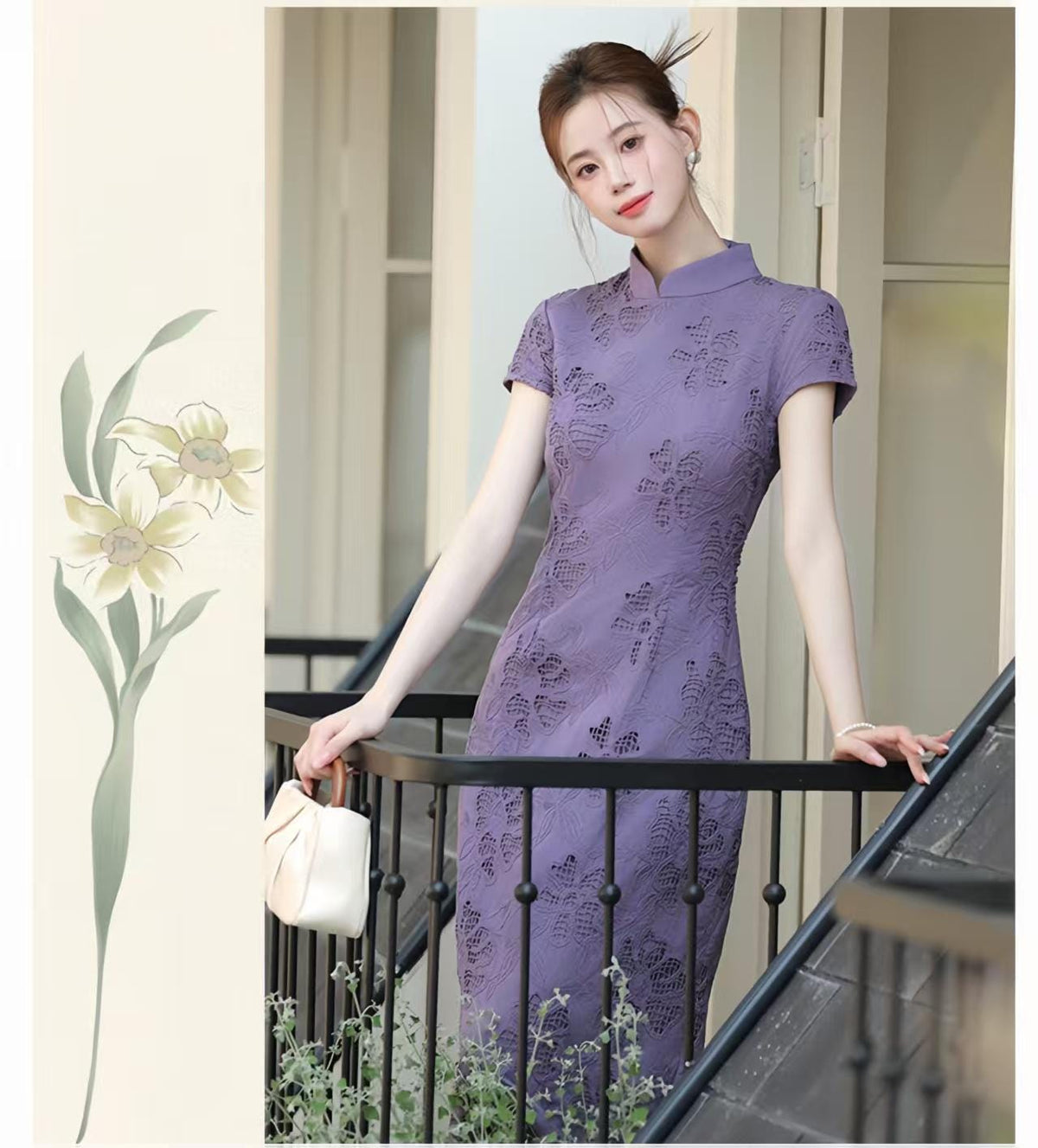 Women's Vintage Qipao Cheongsam Dress – Lilac Fitted – additional product view
