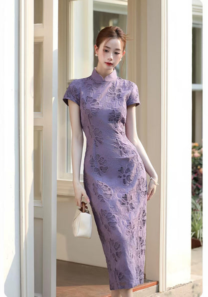 Women's Vintage Qipao Cheongsam Dress – Lilac Fitted