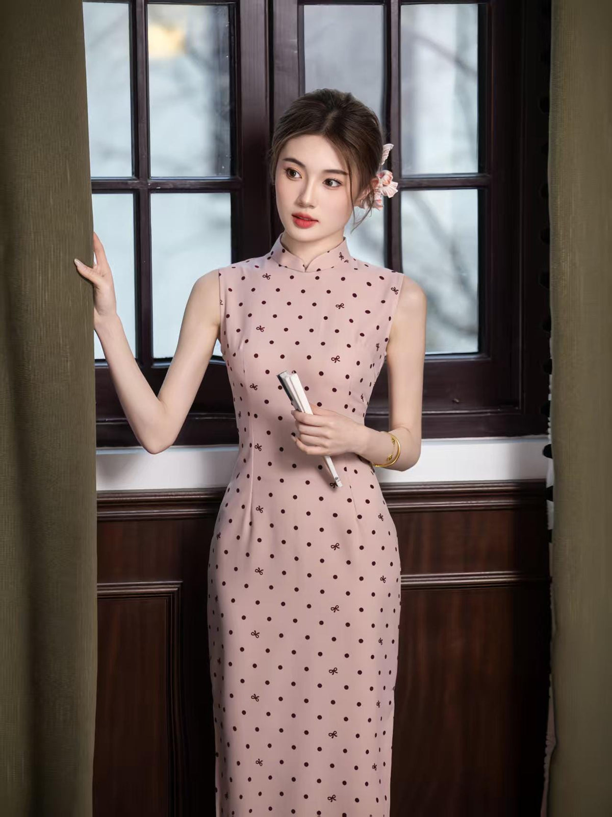 Women's Pink Jacquard Satin Qipao Cheongsam Dress – additional product view
