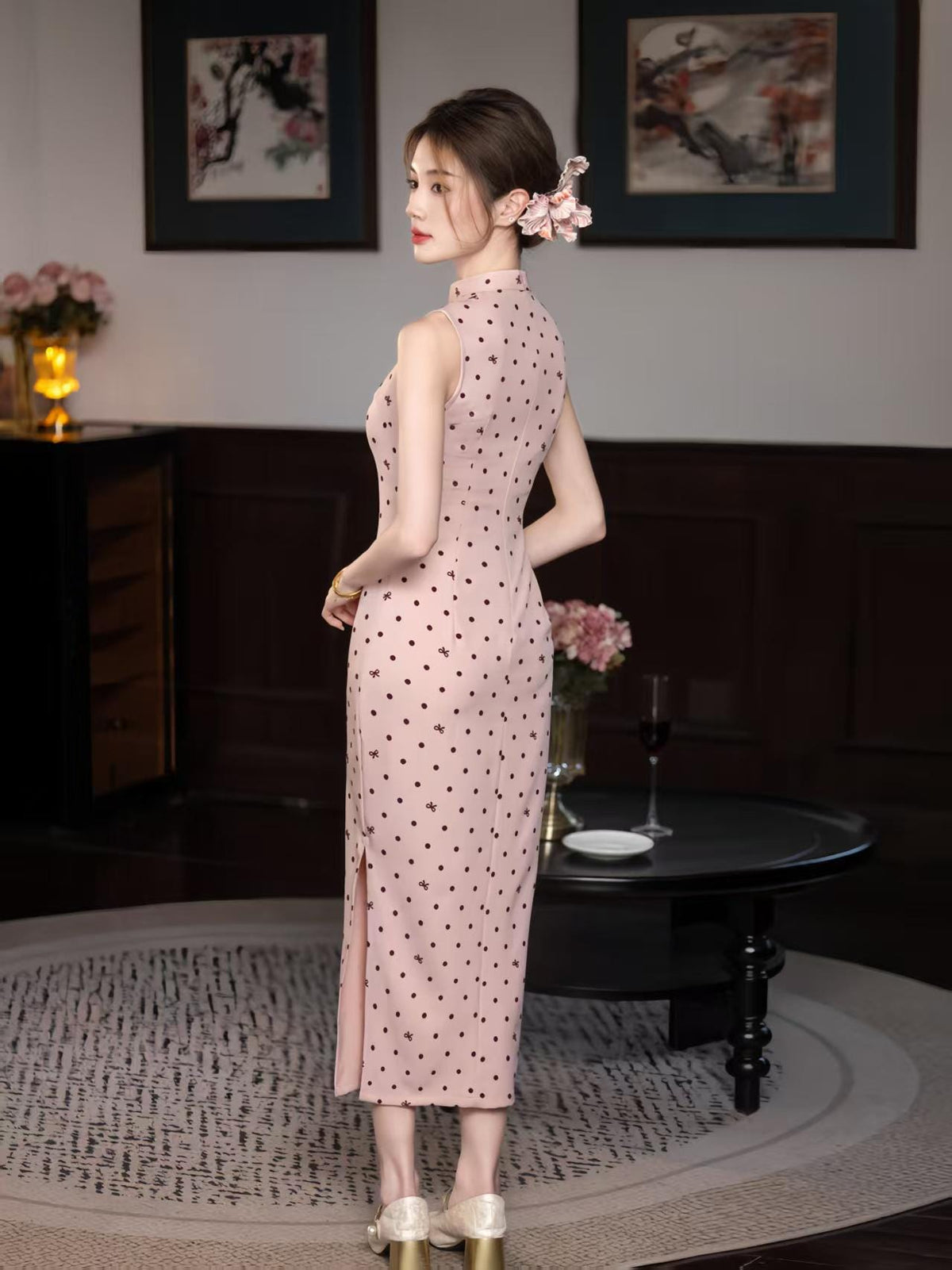 Women's Pink Jacquard Satin Qipao Cheongsam Dress – additional product view