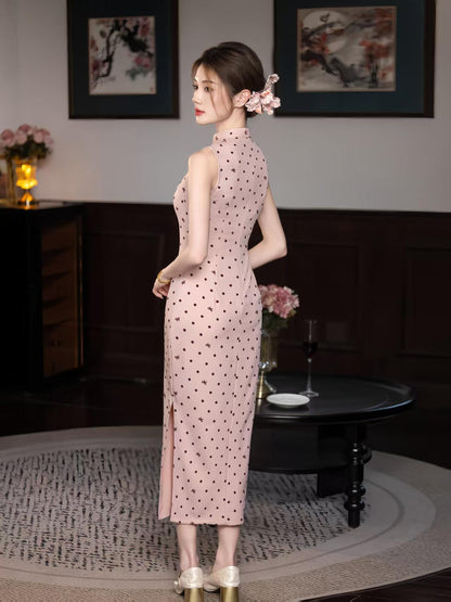 Women's Pink Jacquard Satin Qipao Cheongsam Dress – additional product view