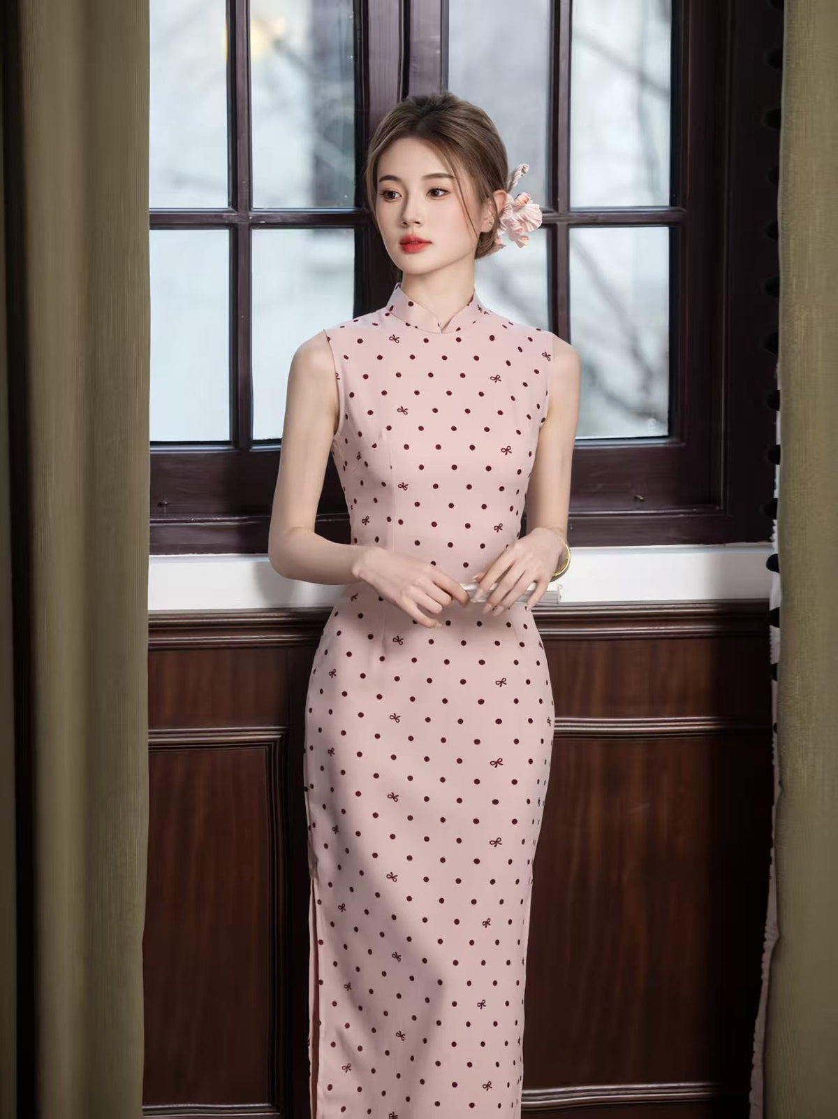 Women's Pink Jacquard Satin Qipao Cheongsam Dress – additional product view