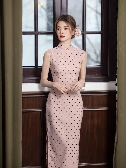 Women's Pink Jacquard Satin Qipao Cheongsam Dress – additional product view