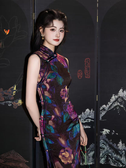 Women's Black Floral Qipao Cheongsam Dress – additional product view