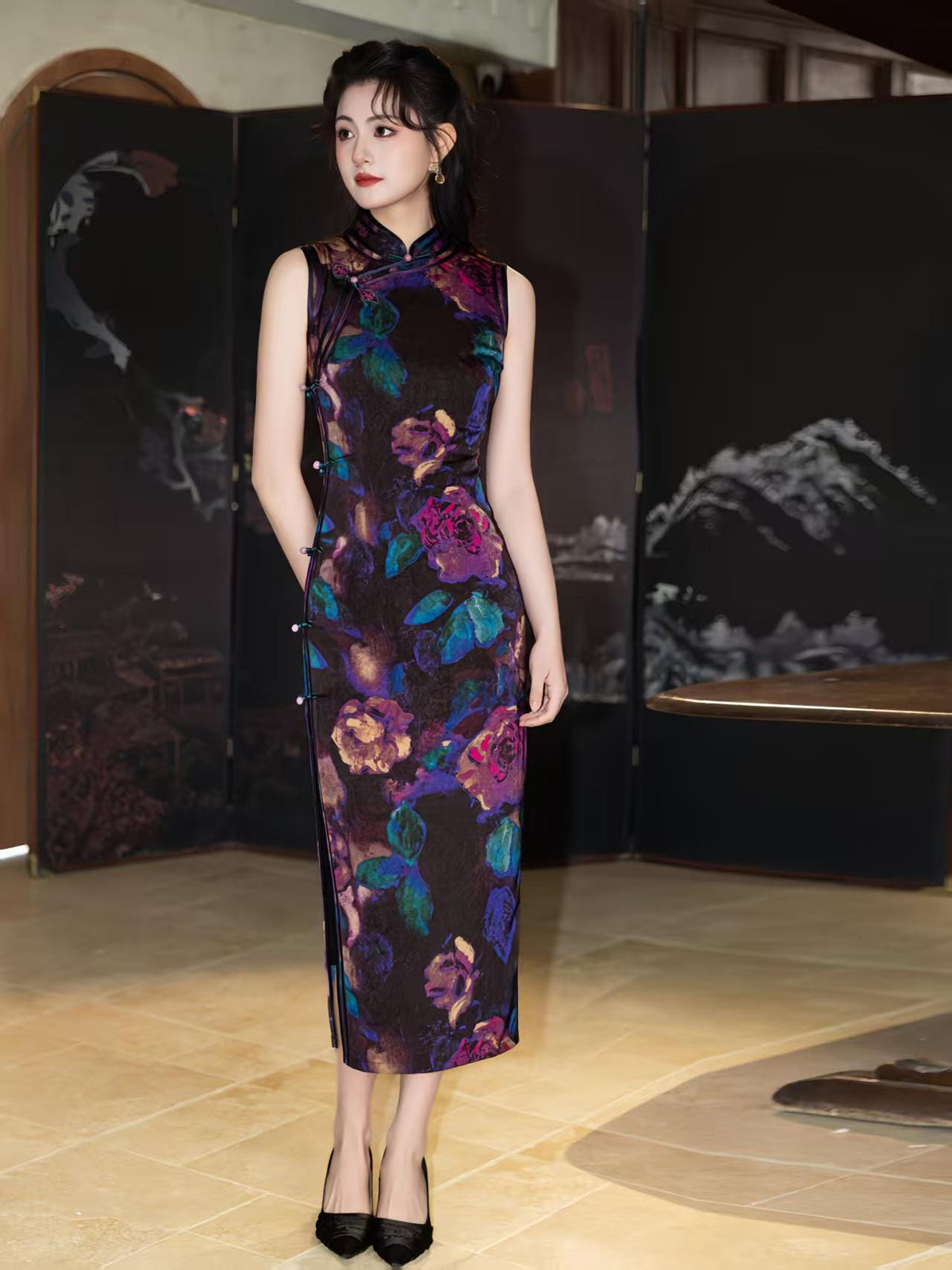 Women's Black Floral Qipao Cheongsam Dress – additional product view