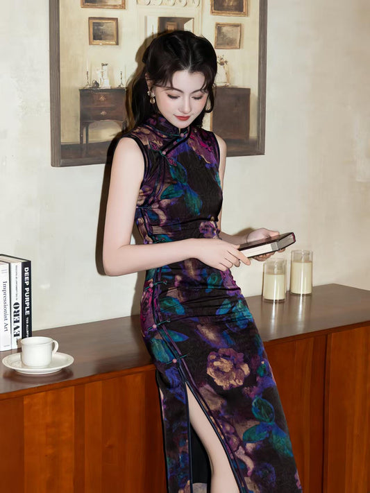 Women's Black Floral Qipao Cheongsam Dress