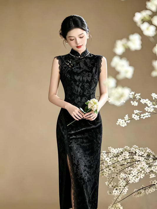 Women's Black Vintage Velvet Qipao Cheongsam Dress – Sleeveless Fitted