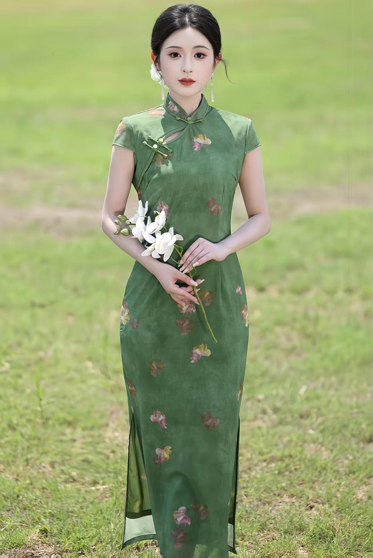 Women's Green Vintage Qipao Cheongsam Dress – Long – additional product view