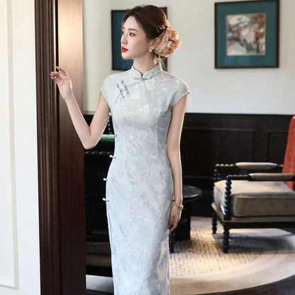 Women's Vintage Qipao Cheongsam Dress – Light Gray Maxi Fitted – additional product view