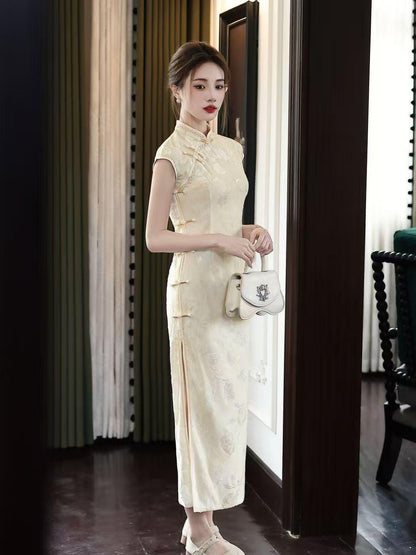Women's Vintage Qipao Cheongsam Dress – Light Gray Maxi Fitted – additional product view
