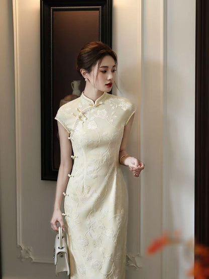Women's Vintage Qipao Cheongsam Dress – Light Gray Maxi Fitted – additional product view