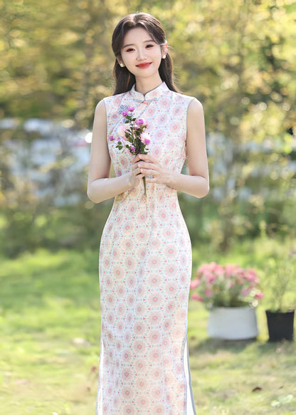 Women's Pink Floral Qipao Cheongsam Dress – Sleeveless Midi Mandarin Collar – additional product view