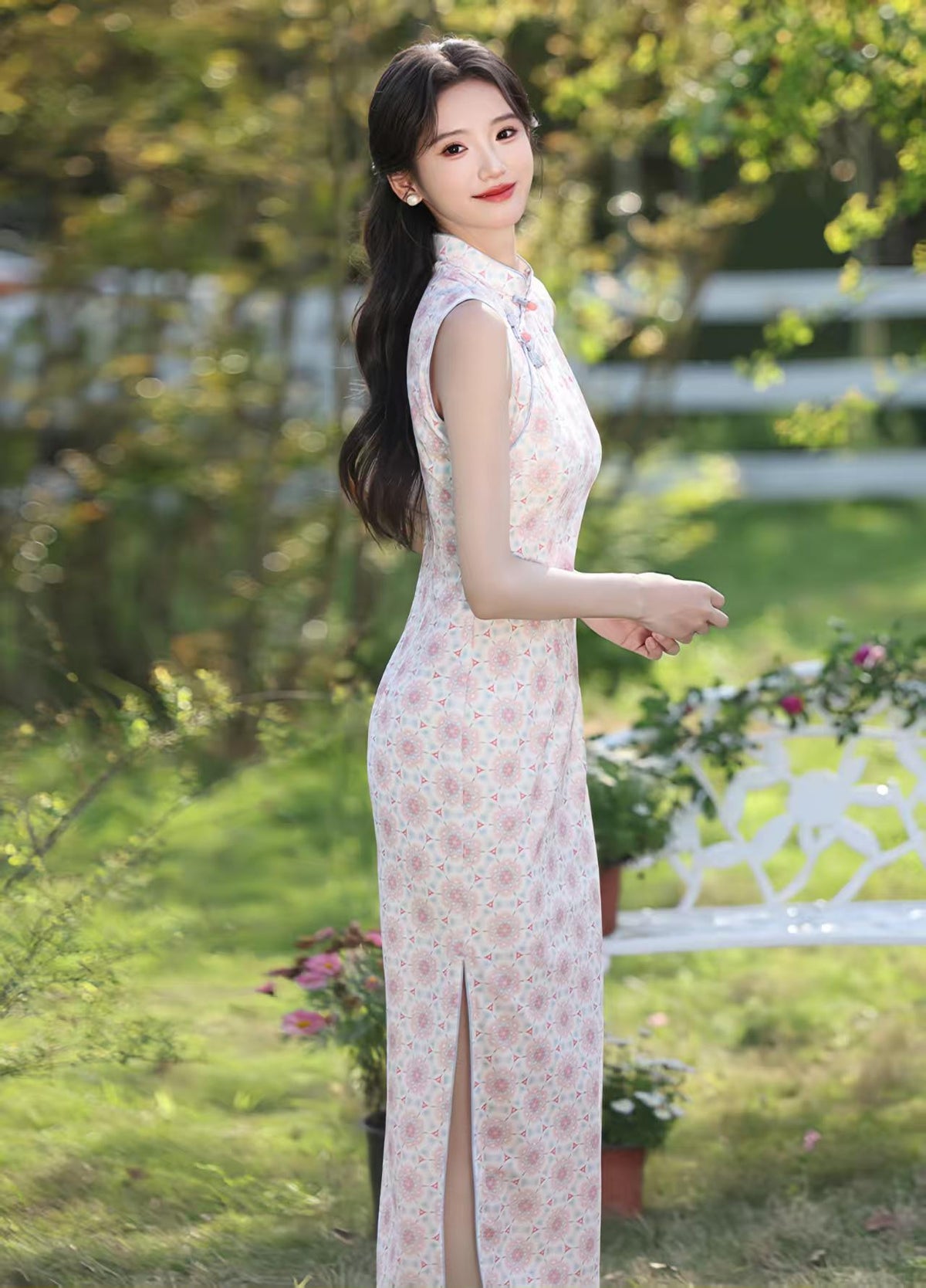 Women's Pink Floral Qipao Cheongsam Dress – Sleeveless Midi Mandarin Collar – additional product view