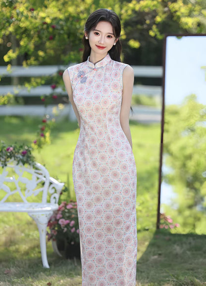 Women's Pink Floral Qipao Cheongsam Dress – Sleeveless Midi Mandarin Collar – additional product view