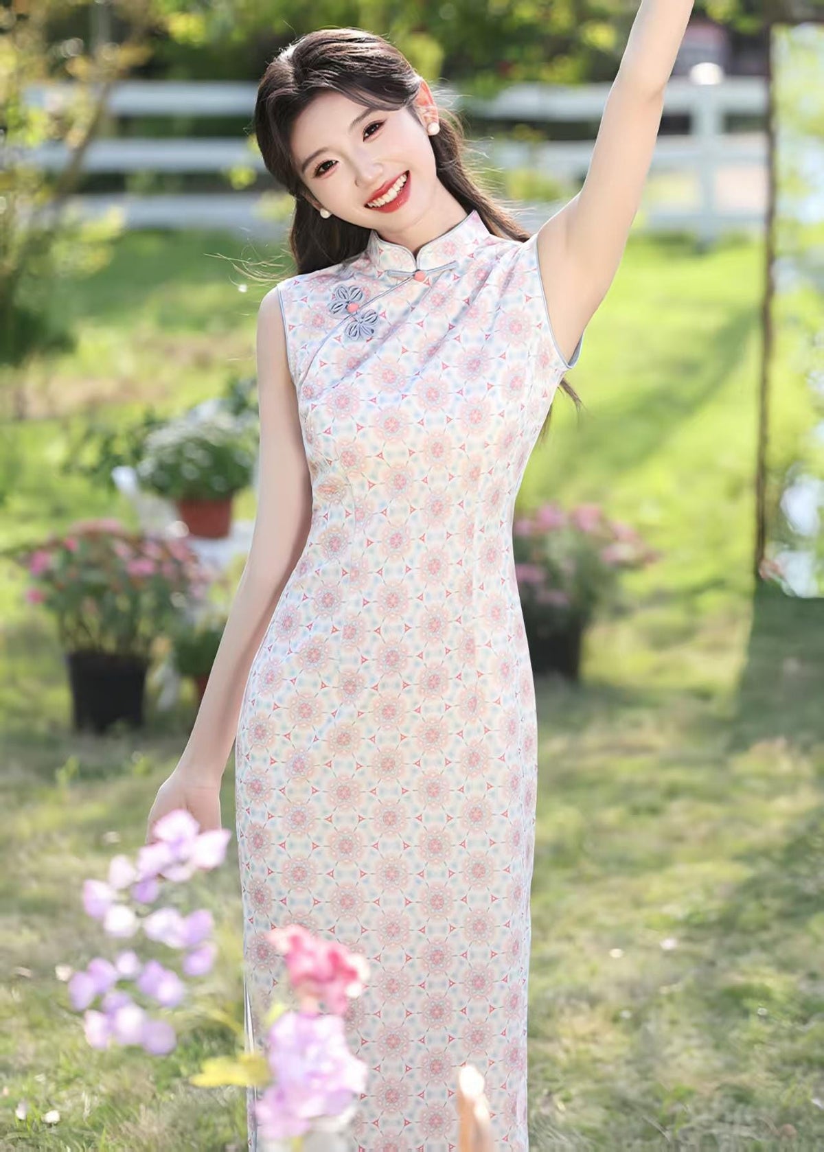 Women's Pink Floral Qipao Cheongsam Dress – Sleeveless Midi Mandarin Collar