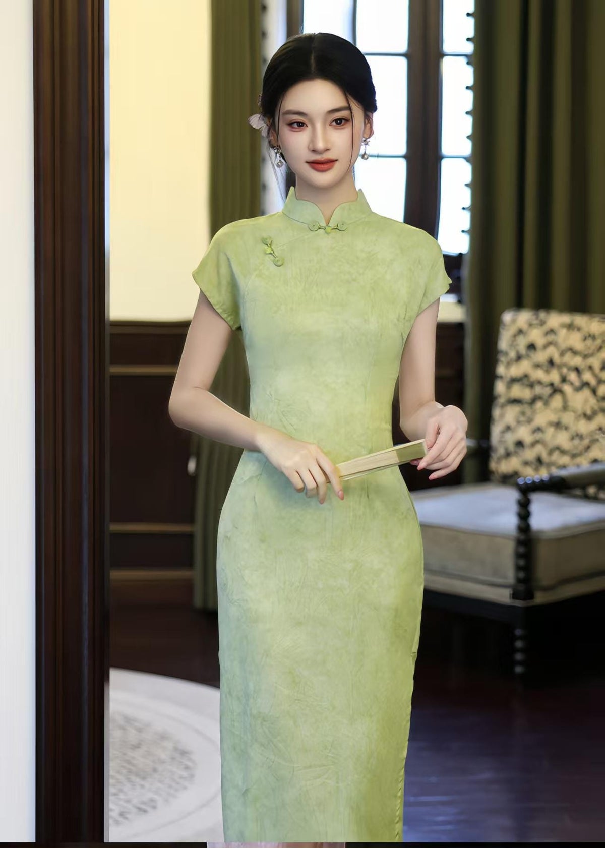 Women's Green Vintage Qipao Cheongsam Dress – Midi Mandarin Collar – additional product view