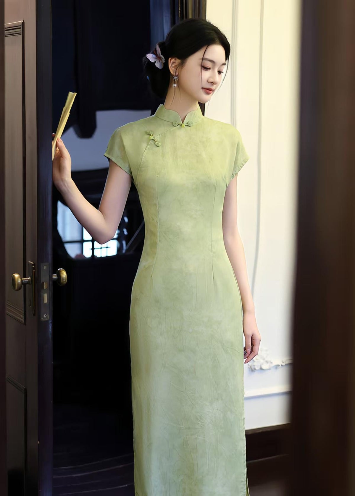 Women's Green Vintage Qipao Cheongsam Dress – Midi Mandarin Collar – additional product view