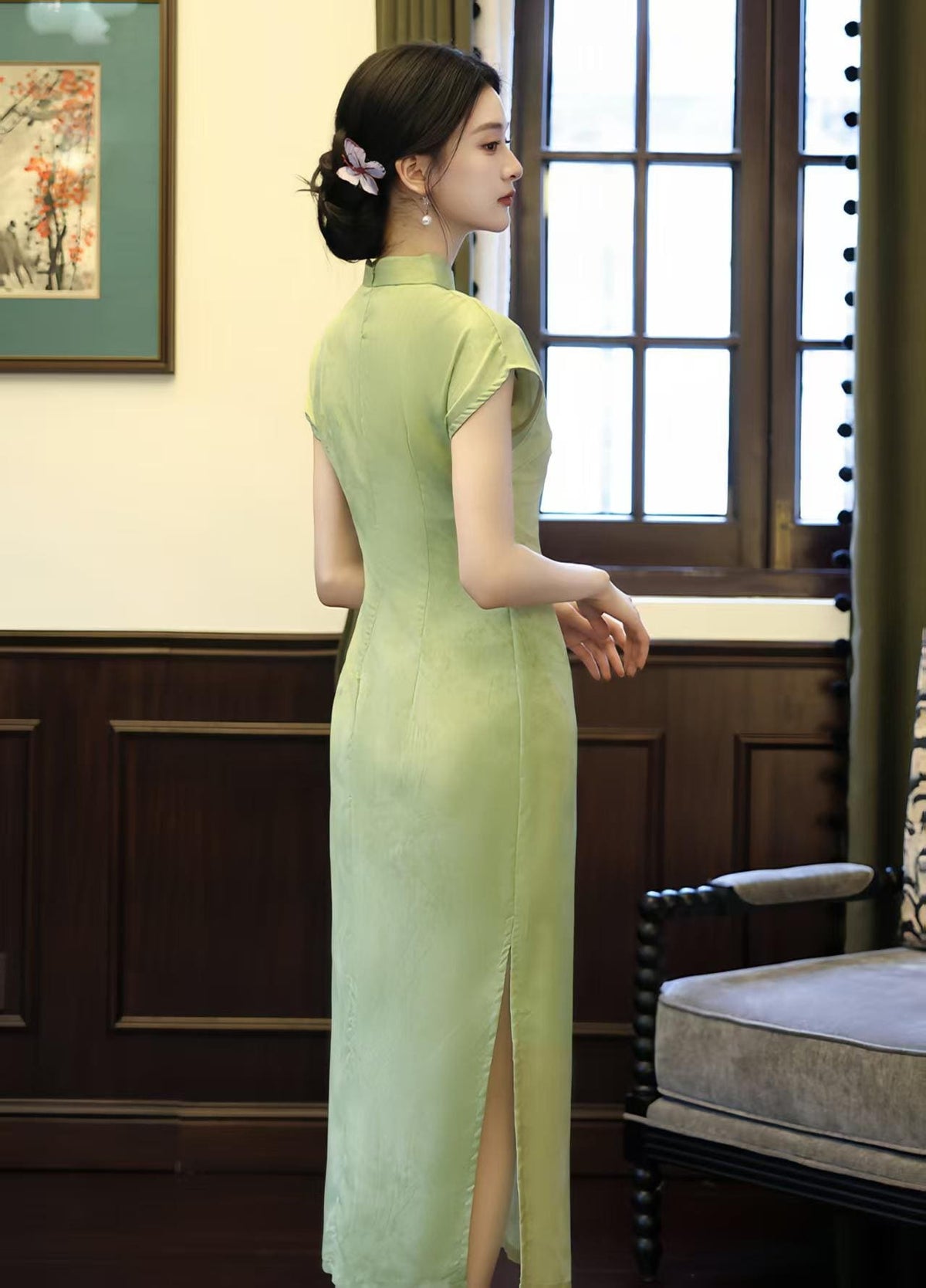 Women's Green Vintage Qipao Cheongsam Dress – Midi Mandarin Collar – additional product view