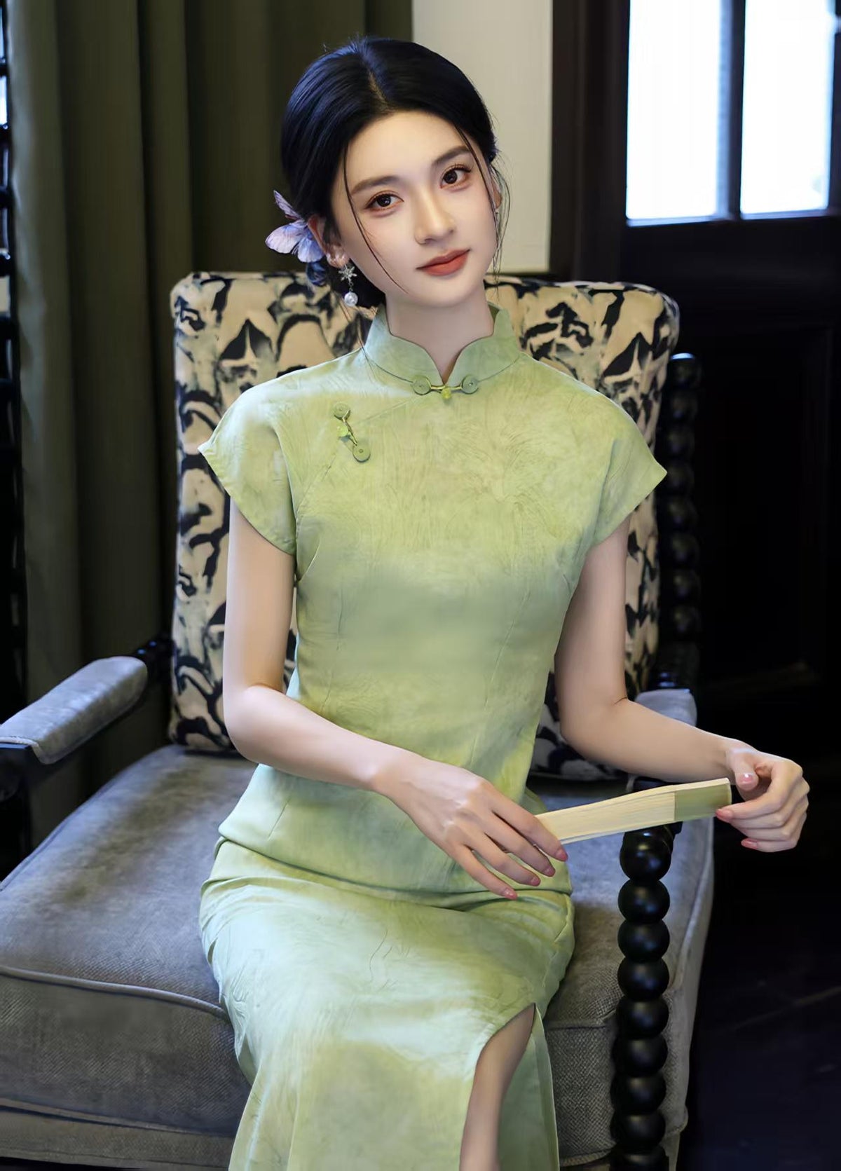 Women's Green Vintage Qipao Cheongsam Dress – Midi Mandarin Collar – additional product view