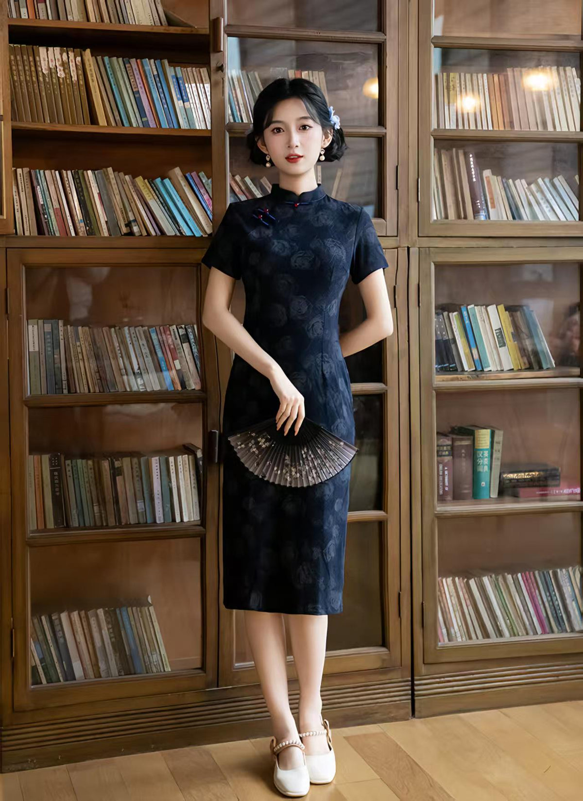Women's Blue Vintage Qipao Cheongsam Dress – Short Sleeve Midi Mandarin Collar – additional product view