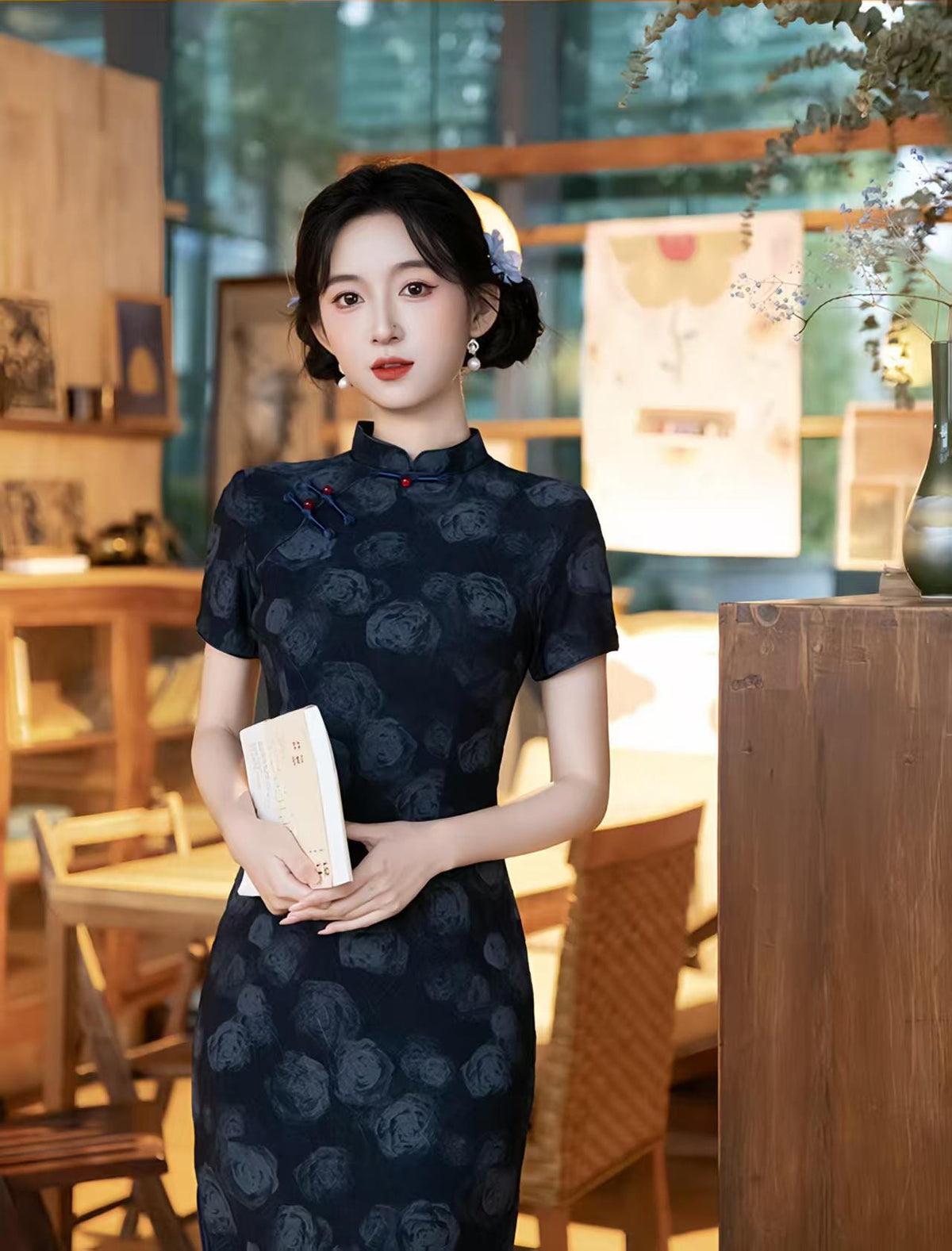 Women's Blue Vintage Qipao Cheongsam Dress – Short Sleeve Midi Mandarin Collar – additional product view