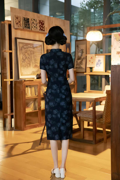Women's Blue Vintage Qipao Cheongsam Dress – Short Sleeve Midi Mandarin Collar – additional product view