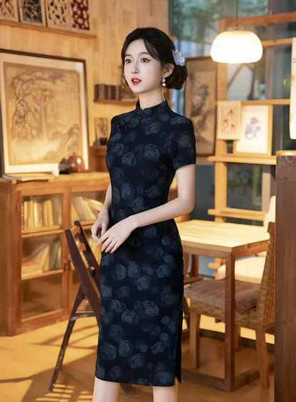 Women's Blue Vintage Qipao Cheongsam Dress – Short Sleeve Midi Mandarin Collar – additional product view