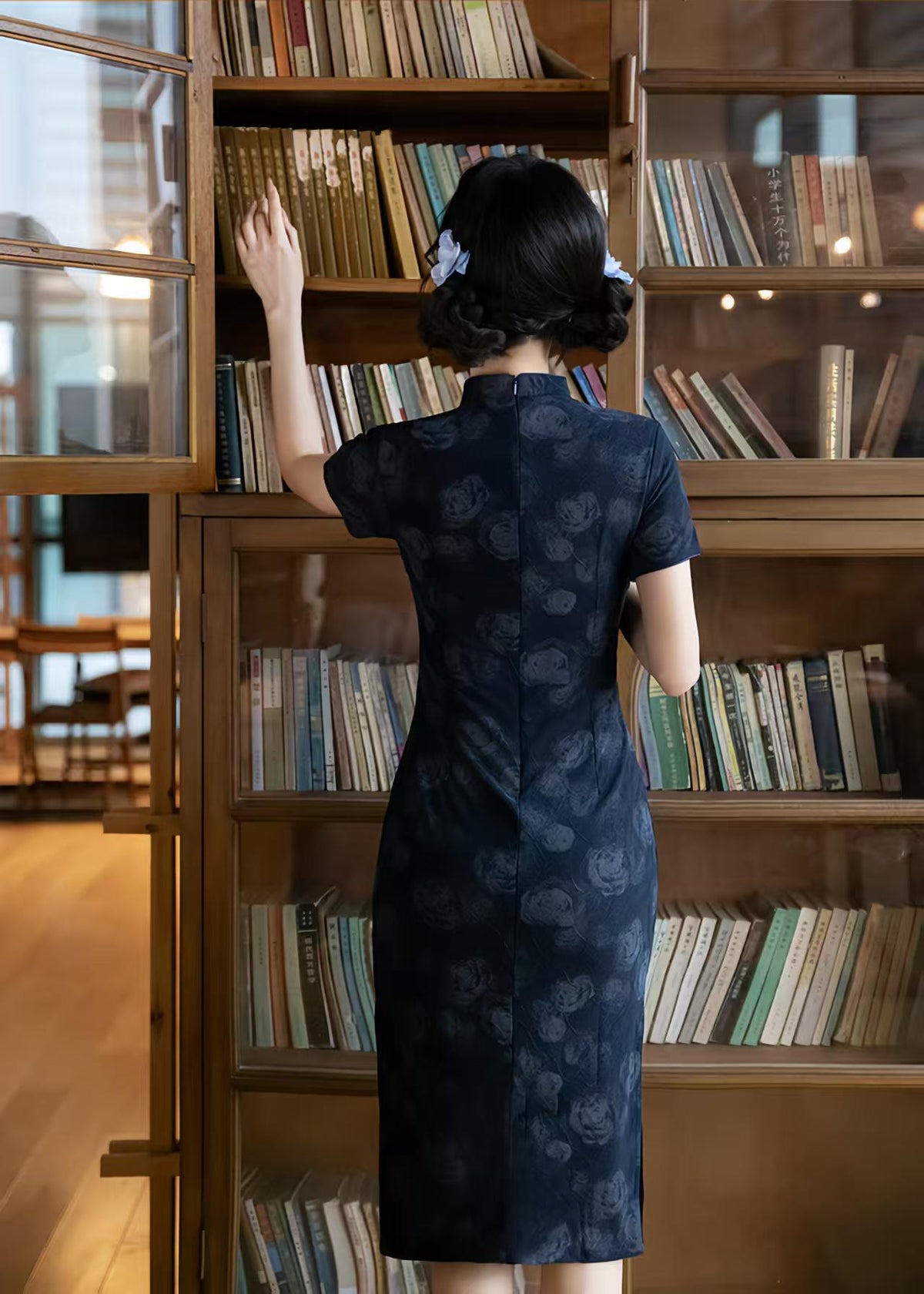 Women's Blue Vintage Qipao Cheongsam Dress – Short Sleeve Midi Mandarin Collar – additional product view
