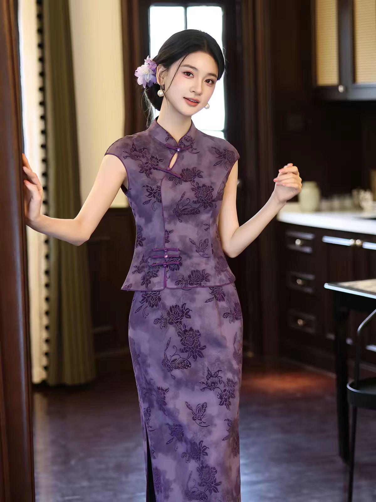 Women's Vintage Modern Chinese Two-Piece Set – Printed – additional product view