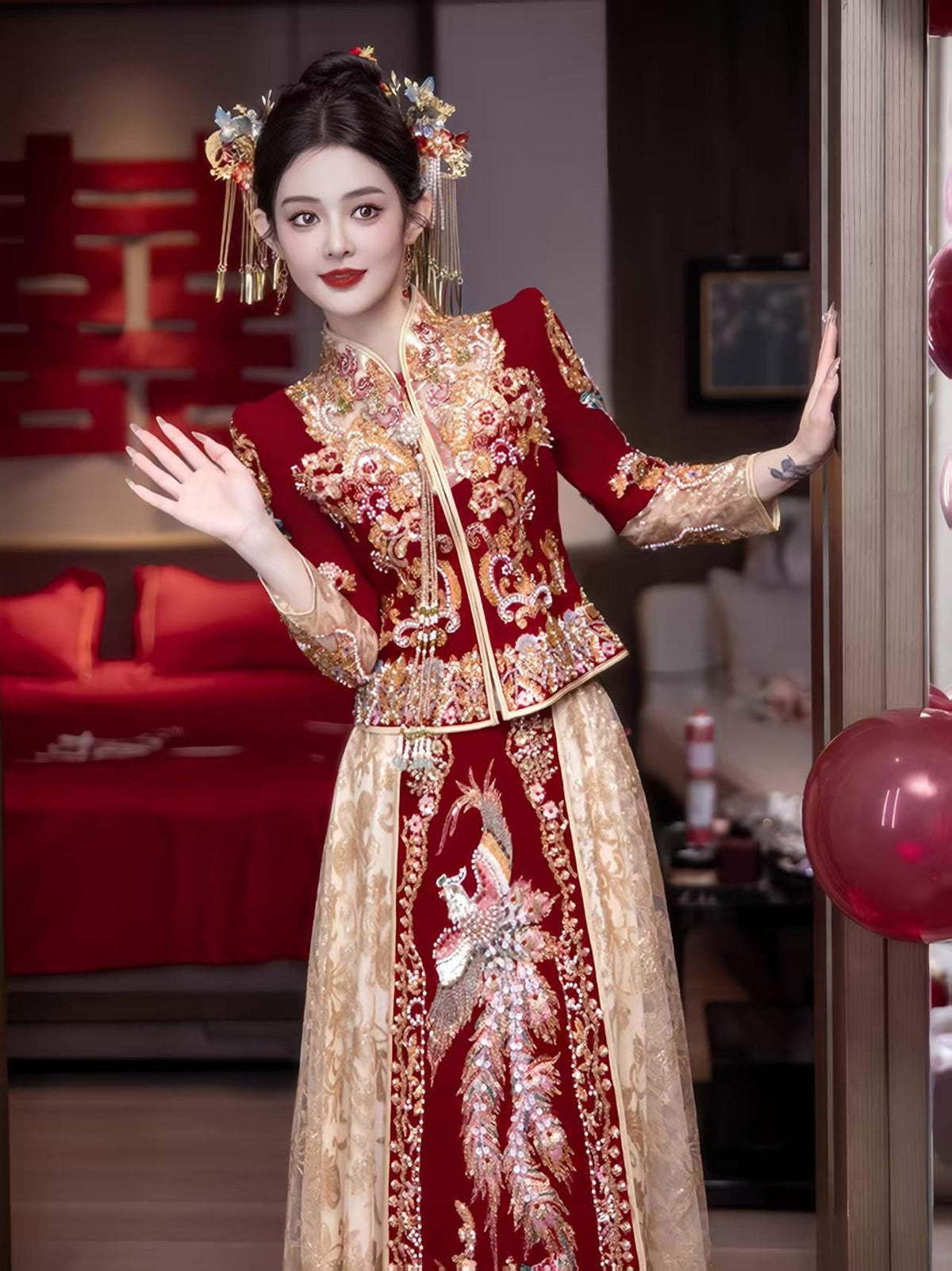 Red Embroidered Jacquard Satin Chinese Xiuhe Wedding Suit – additional product view