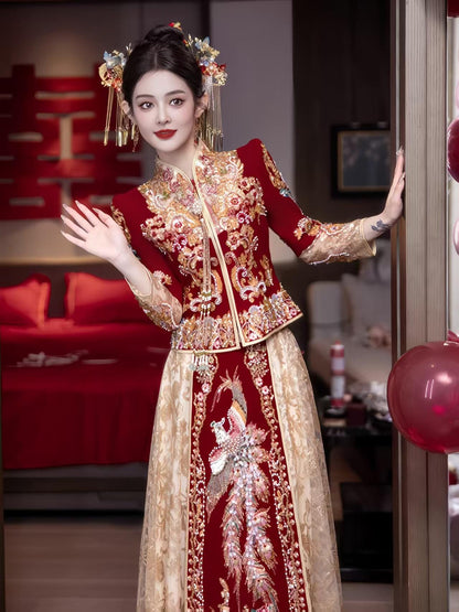 Red Embroidered Jacquard Satin Chinese Xiuhe Wedding Suit – additional product view