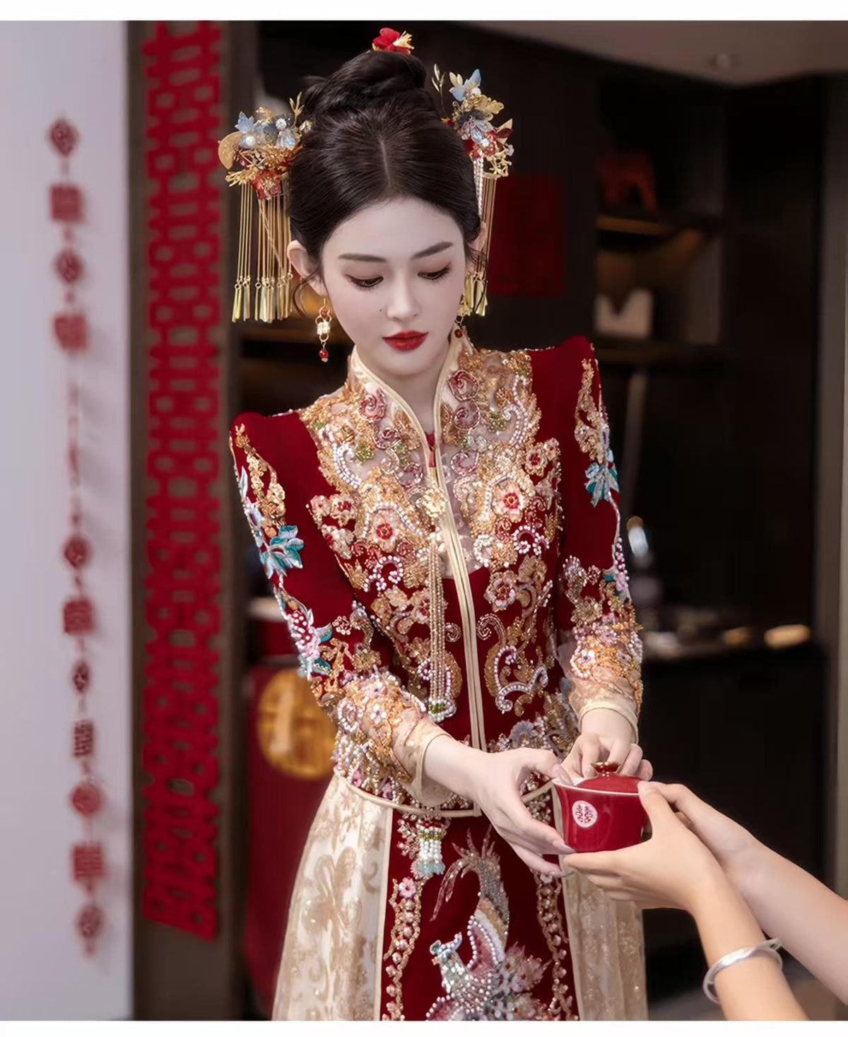 Red Embroidered Jacquard Satin Chinese Xiuhe Wedding Suit – additional product view