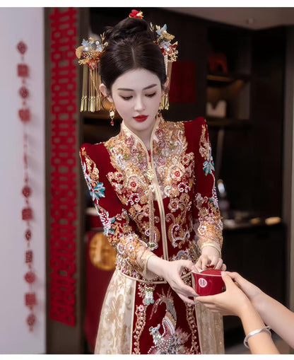 Red Embroidered Jacquard Satin Chinese Xiuhe Wedding Suit – additional product view