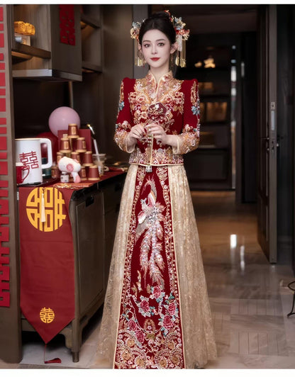 Red Embroidered Jacquard Satin Chinese Xiuhe Wedding Suit – additional product view