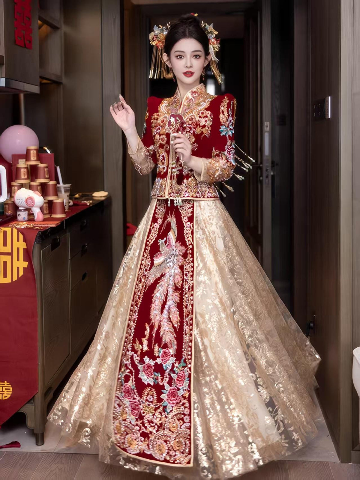 Red Embroidered Jacquard Satin Chinese Xiuhe Wedding Suit