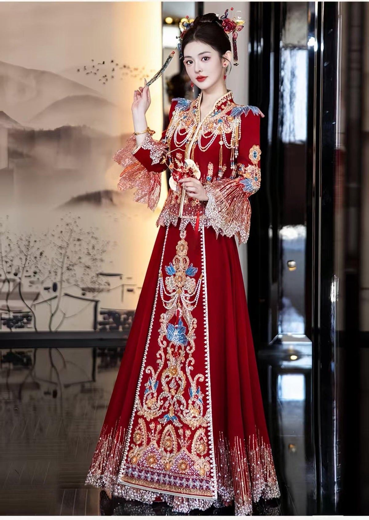 Red Embroidered Jacquard Satin Chinese Xiuhe Wedding Suit – additional product view