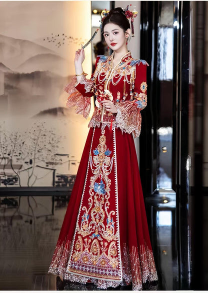 Red Embroidered Jacquard Satin Chinese Xiuhe Wedding Suit – additional product view