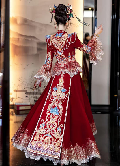 Red Embroidered Jacquard Satin Chinese Xiuhe Wedding Suit – additional product view