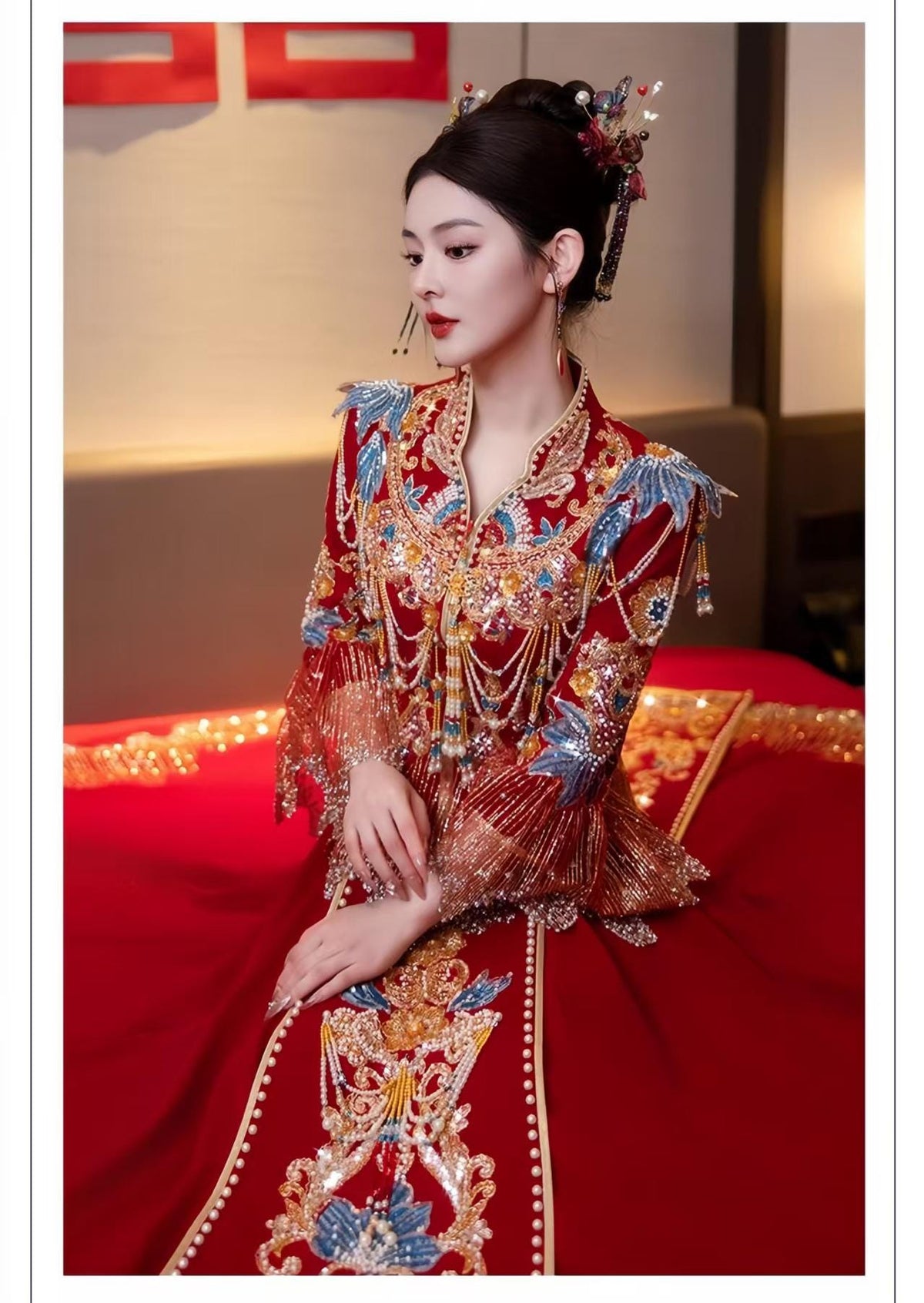 Red Embroidered Jacquard Satin Chinese Xiuhe Wedding Suit – additional product view