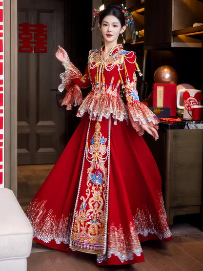 Red Embroidered Jacquard Satin Chinese Xiuhe Wedding Suit – additional product view