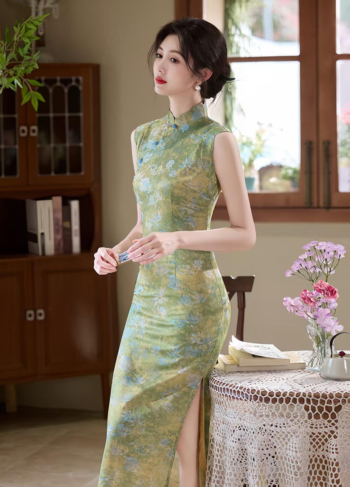 Women's Green Elegant Brocade Qipao Cheongsam Dress – additional product view