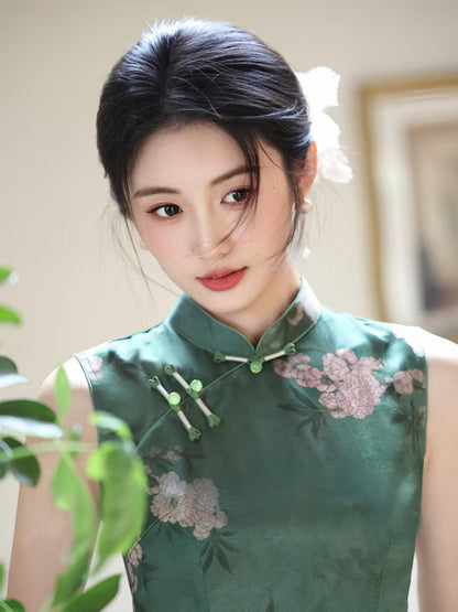 Women's Green Floral Satin Qipao Cheongsam Dress – Sleeveless Maxi – additional product view