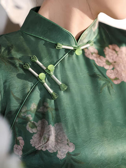Women's Green Floral Satin Qipao Cheongsam Dress – Sleeveless Maxi – additional product view