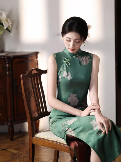 Women's Green Floral Satin Qipao Cheongsam Dress – Sleeveless Maxi – additional product view