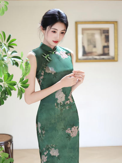 Women's Green Floral Satin Qipao Cheongsam Dress – Sleeveless Maxi – additional product view