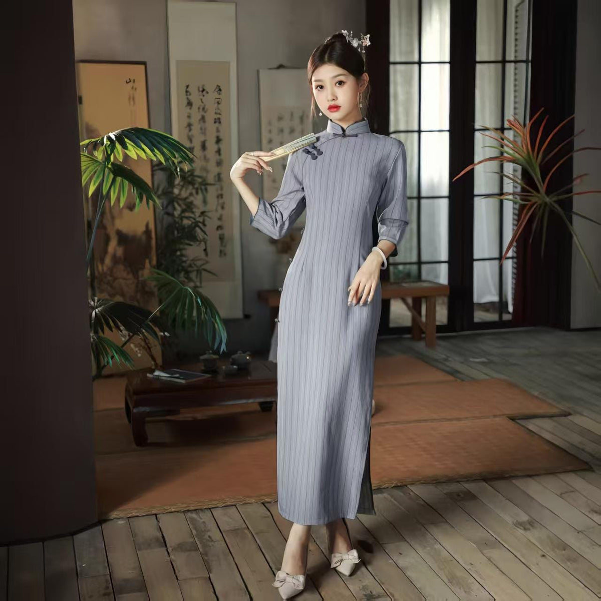 Women's Blue Vintage Qipao Cheongsam Dress – 3/4 Sleeve Fitted – additional product view