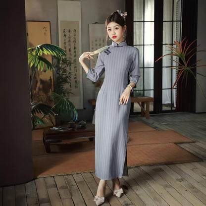 Women's Blue Vintage Qipao Cheongsam Dress – 3/4 Sleeve Fitted – additional product view